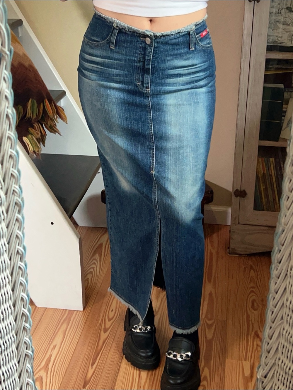 Vintage Y2K Jalate Fitted Stretch Denim Maxi Skirt Low Rise Faded Raw Hem 7/8